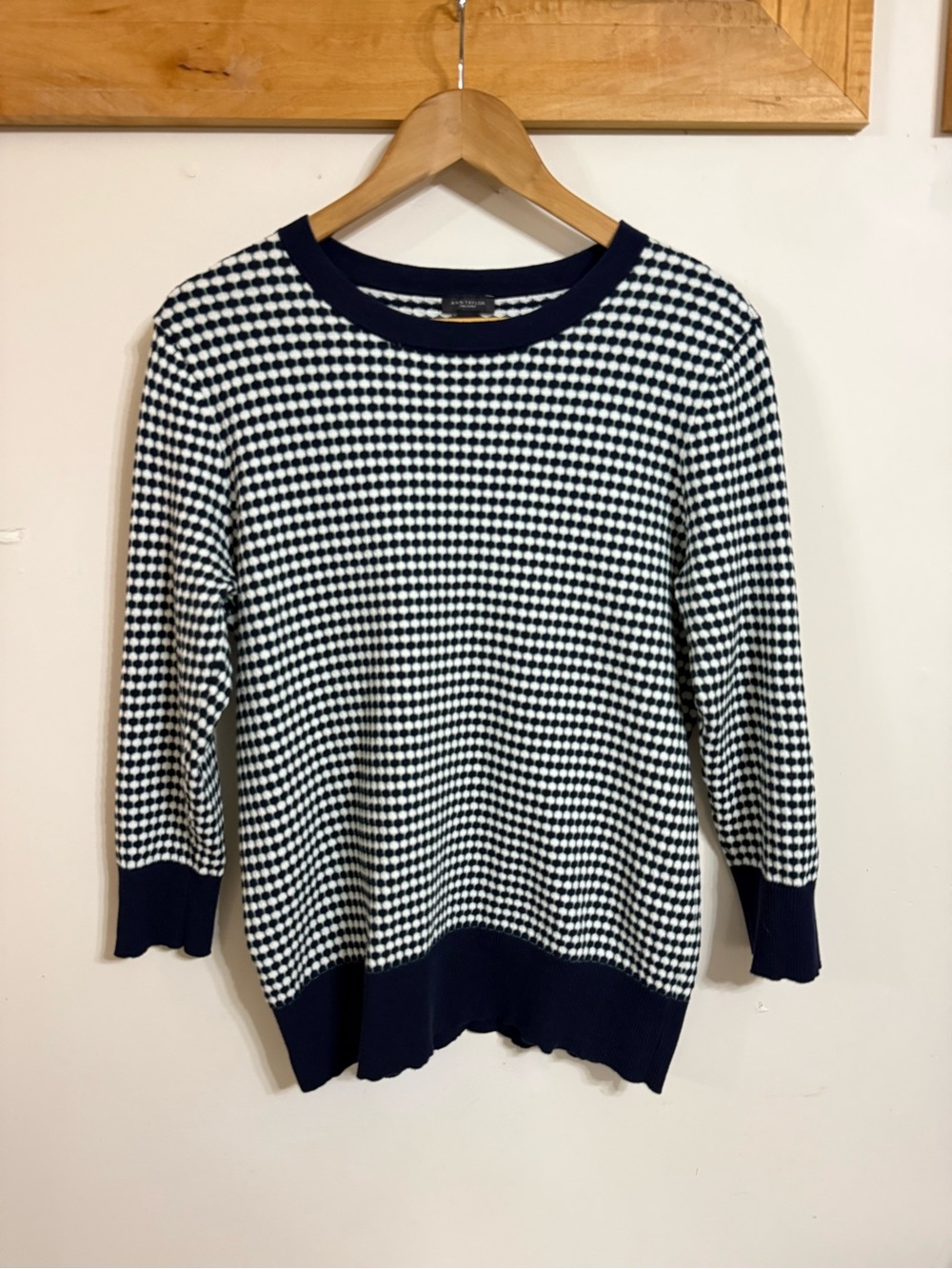 Ann Taylor Factory Navy, Green and White Patterned Crewneck Sweater